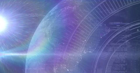 Image of light spot and data processing over globe against blue background Stock Photos