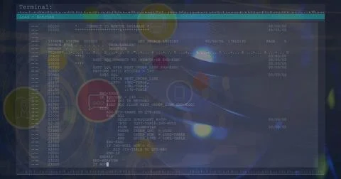 Image of light spot and digital icons over data processing against blue Ilustração Stock