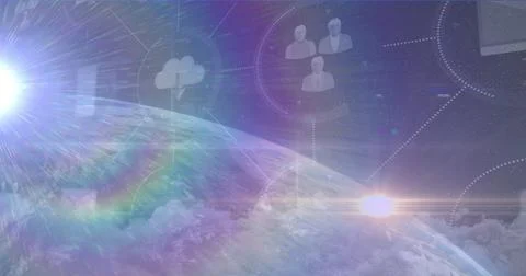 Image of light spot and network of digital icons over globe against blue Stock Illustration