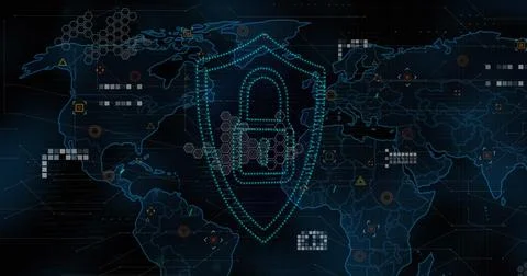 Image of light spot and security padlock icon over world map against blue 스톡 사진