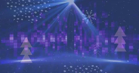 Image of light spot and snow falling over christmas trees and snowflakes icon on Ilustração Stock