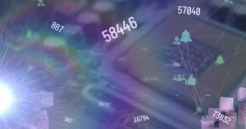 Image of light spot, changing numbers and network of digital icons over close up Foto stock