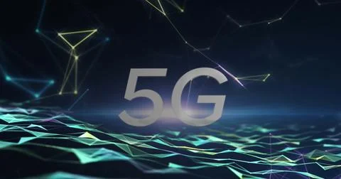 Image of light spot over 5g text banner, network of connections and digital Ilustração Stock