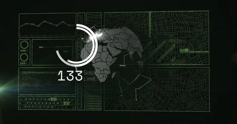 Image of light spot over interface with data processing against spinning globe 写真素材