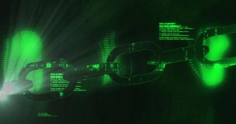 Image of light spot over security chain icon and data processing against green Illustrazione stock