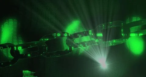 Image of light spot over security chain icon and data processing against green 库存插图