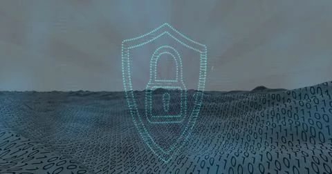 Image of light spot over security padlock icon against binary coding over Stock Photos