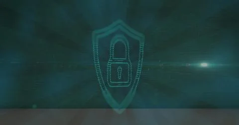 Image of light spot over security padlock icon against radial blue background 스톡 사진