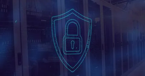 Image of light spot over security padlock icon and data processing against 写真素材