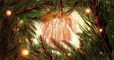 Image of light spots and fireworks over fir tree Stock Illustration