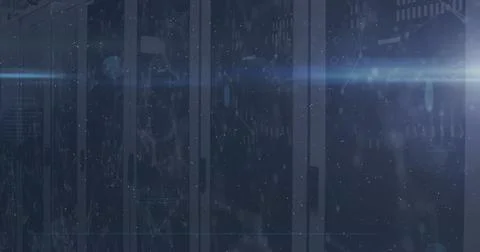 Image of light spots and network of connections over computer server room Stock-Illustration