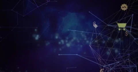 Image of light spots and network of connections with icons on black background 스톡 사진