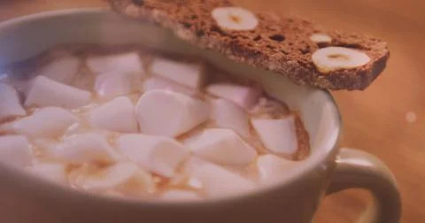 Image of light spots flickering over christmas cocoa Ilustração Stock