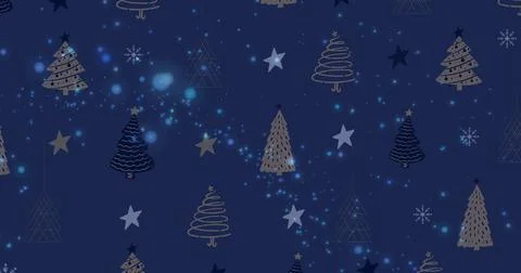 Image of light spots over christmas trees on blue background Ilustração Stock