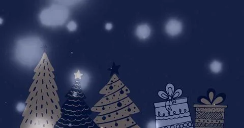 Image of light spots over christmas trees and presents on blue background Ilustração Stock