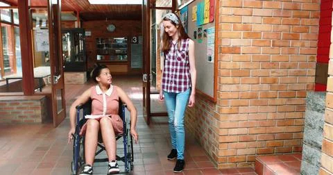 Image of light spots over disabled biracial student with friend 스톡 일러스트