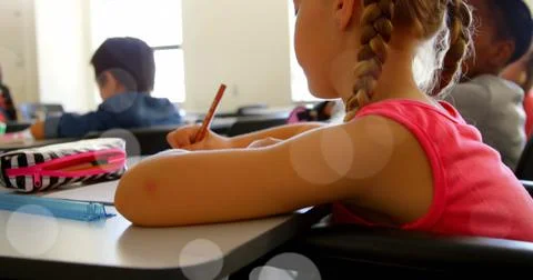 Image of light spots over disabled cuacasian schoolgirl sitting in wheelchair Ilustração Stock