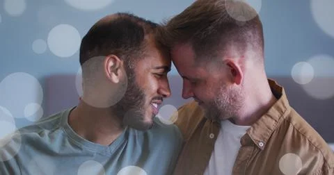 Image of light spots over diverse male couple embracing Ilustração Stock