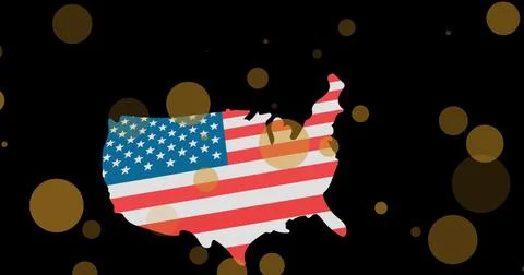 Image of light spots over map with flag of usa on black background Ilustração Stock