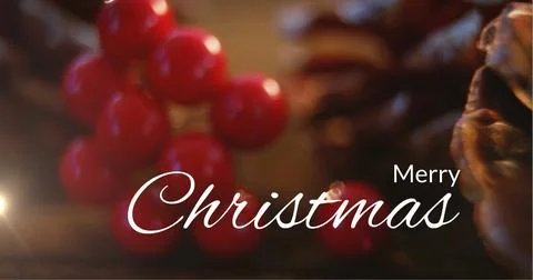 Image of light spots over merry christmas text and christmas decorations Ilustração Stock