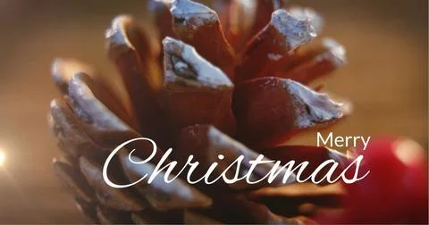 Image of light spots over merry christmas text and christmas decorations Ilustração Stock