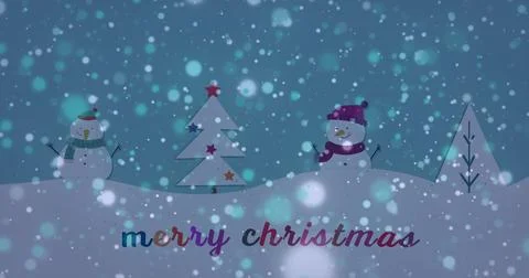 Image of light spots over merry christmas text and winter landscape on blue Ilustração Stock