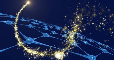 Image of light spots over network of connections on black background Stockfoto's