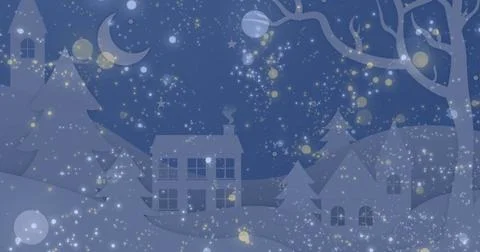 Image of light spots over winter landscape on blue background Ilustração Stock