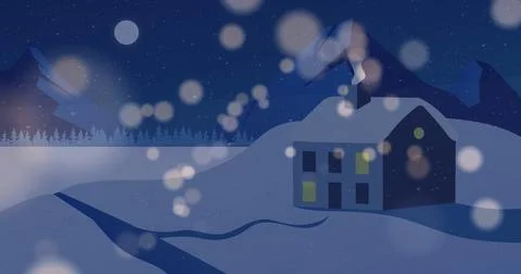 Image of light spots over winter landscape on blue background Ilustração Stock