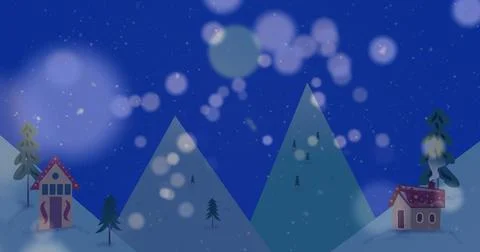 Image of light spots over winter landscape on blue background Ilustração Stock