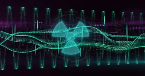 Image of light trails and data processing over black background Illustrazione stock