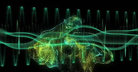 Image of light trails and data processing over black background 스톡 일러스트