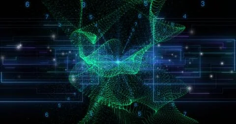 Image of light trails and data processing over black background Illustrazione stock