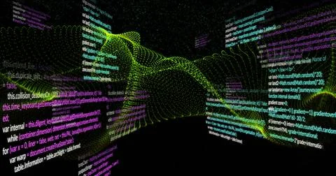 Image of light trails and data processing over black background Stockillustratie