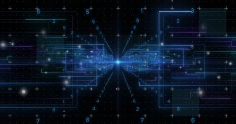 Image of light trails and data processing on black background イラスト素材