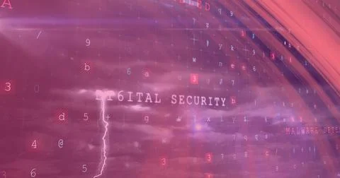 Image of light trails and data processing over sky with clouds Stock Photos