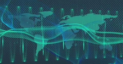 Image of light trails and data processing over world map on green background 스톡 사진