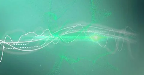 Image of light trails and data processing over green background Stock Photos