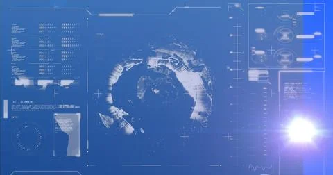 Image of light trails and data processing with globe over blue background Stock Photos