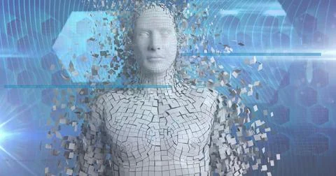 Image of light trails and digital human over shapes on blue background Stockfoto's