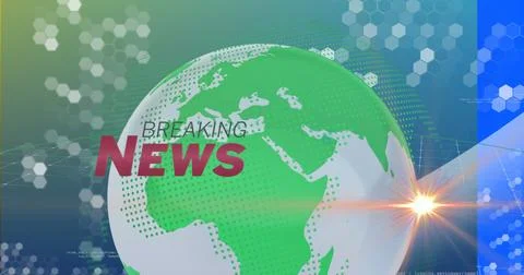 Image of light trails and globe with breaking news text over blue background Stock Photos