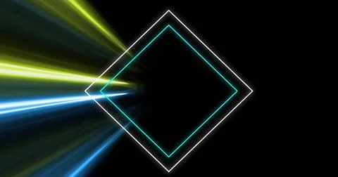 Image of light trails and neon pattern over black background Stock Illustration