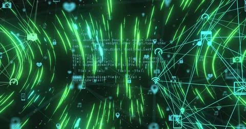 Image of light trails and network of connections over data processing on black Illustrazione stock