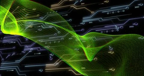Image of light trails, circuit board and data processing over black background 스톡 일러스트
