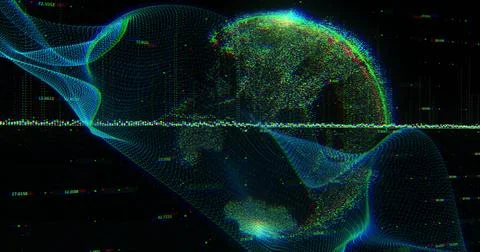 Image of light trails, globe and data processing over black background Stock Illustration