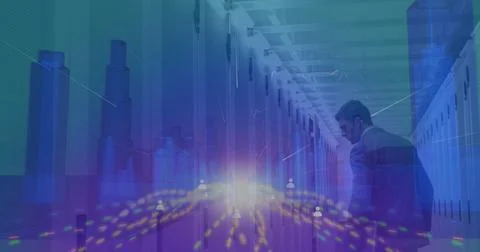 Image of light trails over 3d cityscape model over male engineer walking in Stock Photos
