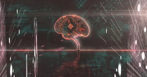 Image of light trails over brain icon with computer circuit board on black .. Stock Photos