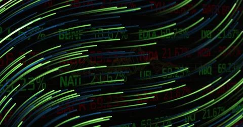Image of light trails over data processing Illustrazione stock