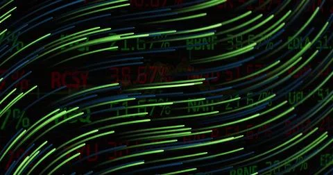 Image of light trails over data processing Illustrazione stock