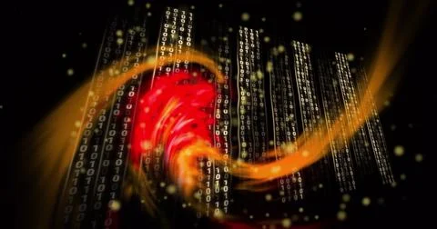 Image of light trails over data processing on black background 스톡 일러스트